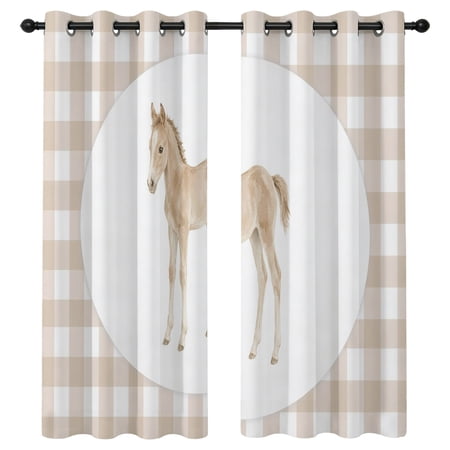 Graceful Pony Blackout Curtains 63 Inches Long Retro Natural Horse Khaki Plaid Thermal Insulated Room Darkening Drapes with Grommets for Living Room 52 W x 63 L 2 Panels