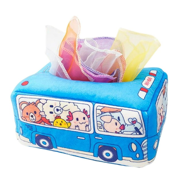 Caja de pañuelos para bebé Macarena Cajón de autobús con 10 toallas de mano Tejido arrugado Montessori azul Juego sensorial