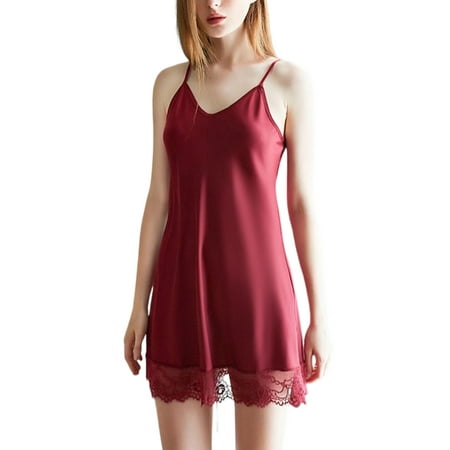

Innerwin Women Chemise Lace Lingerie Satin Short Nightgown V Neck Ladies Sexy Sleeveless Mini Crotchless Jujube Red XL