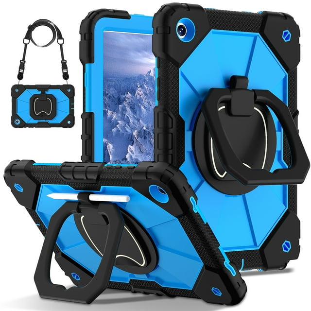 Samsung Tab A9 8.7" Shockproof Rotating Case - Full Coverage Silicone & PC Hybrid Protective Shell with Stand Function, Anti-Drop & Wear-Resistant Design, Embossed Finish, Black-Blue Color, Includes