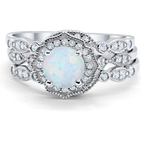 NYS Jewellrs 925 Sterling Silver 2.45 Ct Round Cut Fire Opal Wedding Engagement Thanksgiving Christmas Bridal Ring Set 14K White Gold Plated For Women's -7