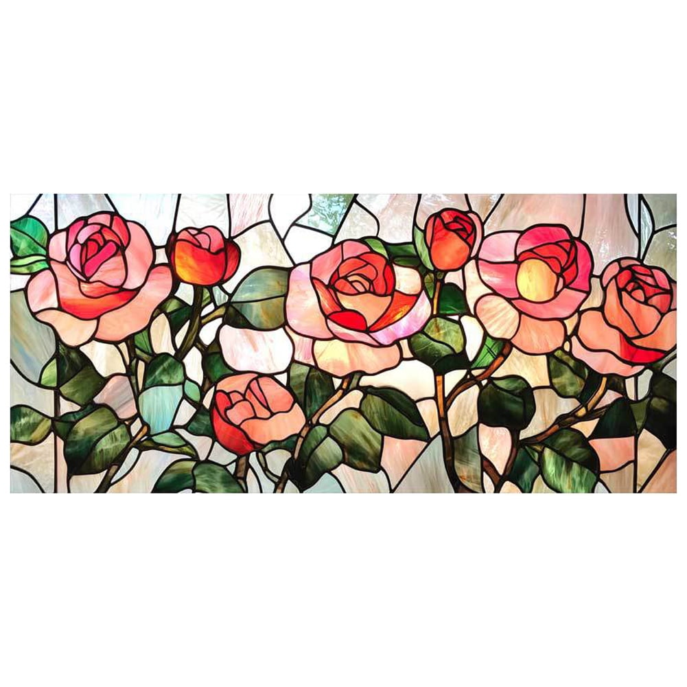 Stained Glass Window Film, Flower Static Cling Window Privacy Film Decorative UV Sun Blocking Non-Adhesive Glass Window Covering for Home Bathroom