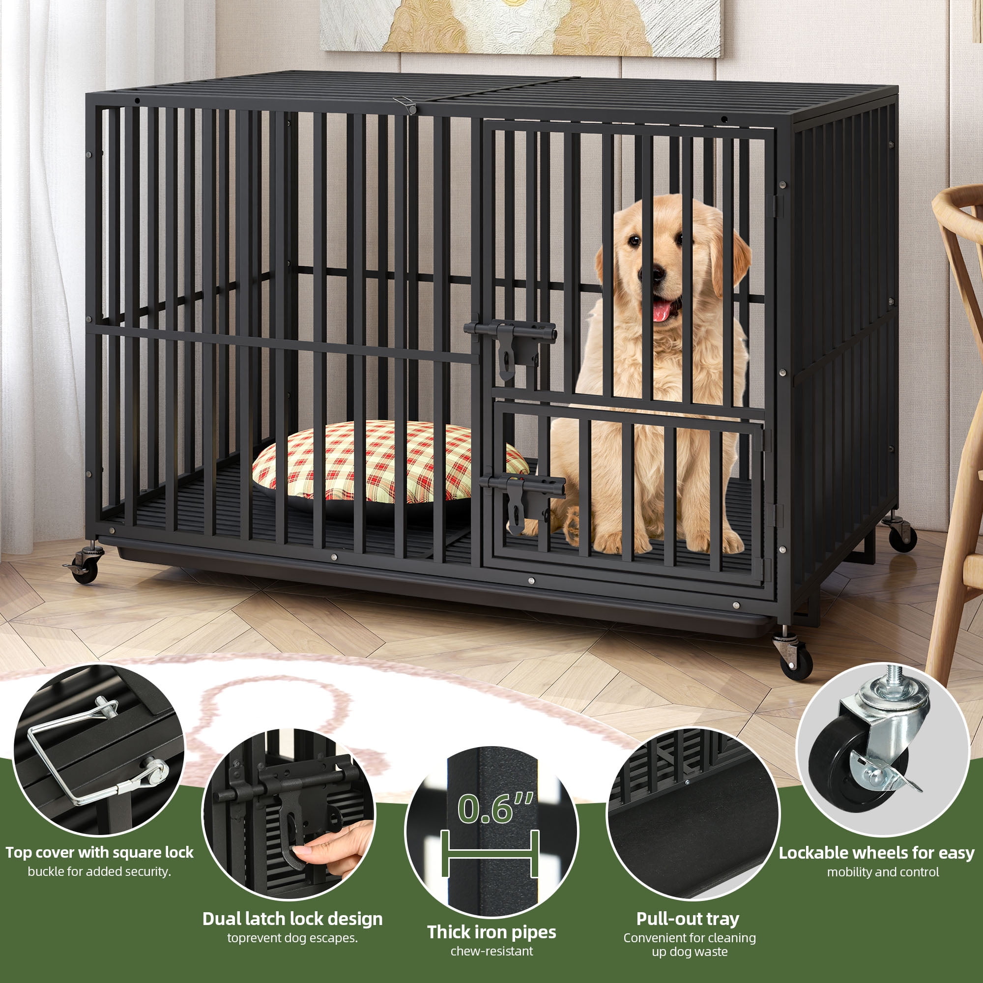 Uforic 48 inch Heavy Duty Dog Crate, Dog Cage Kennel with Lockable Wheels and Removable Tray