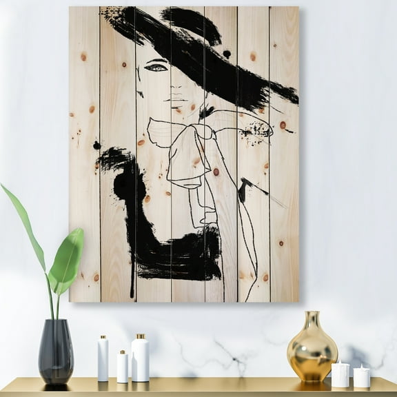 Designart 'Beautiful Black and White Model Haute Couture Fashion Woman II' Modern Print on Natural Pine Wood