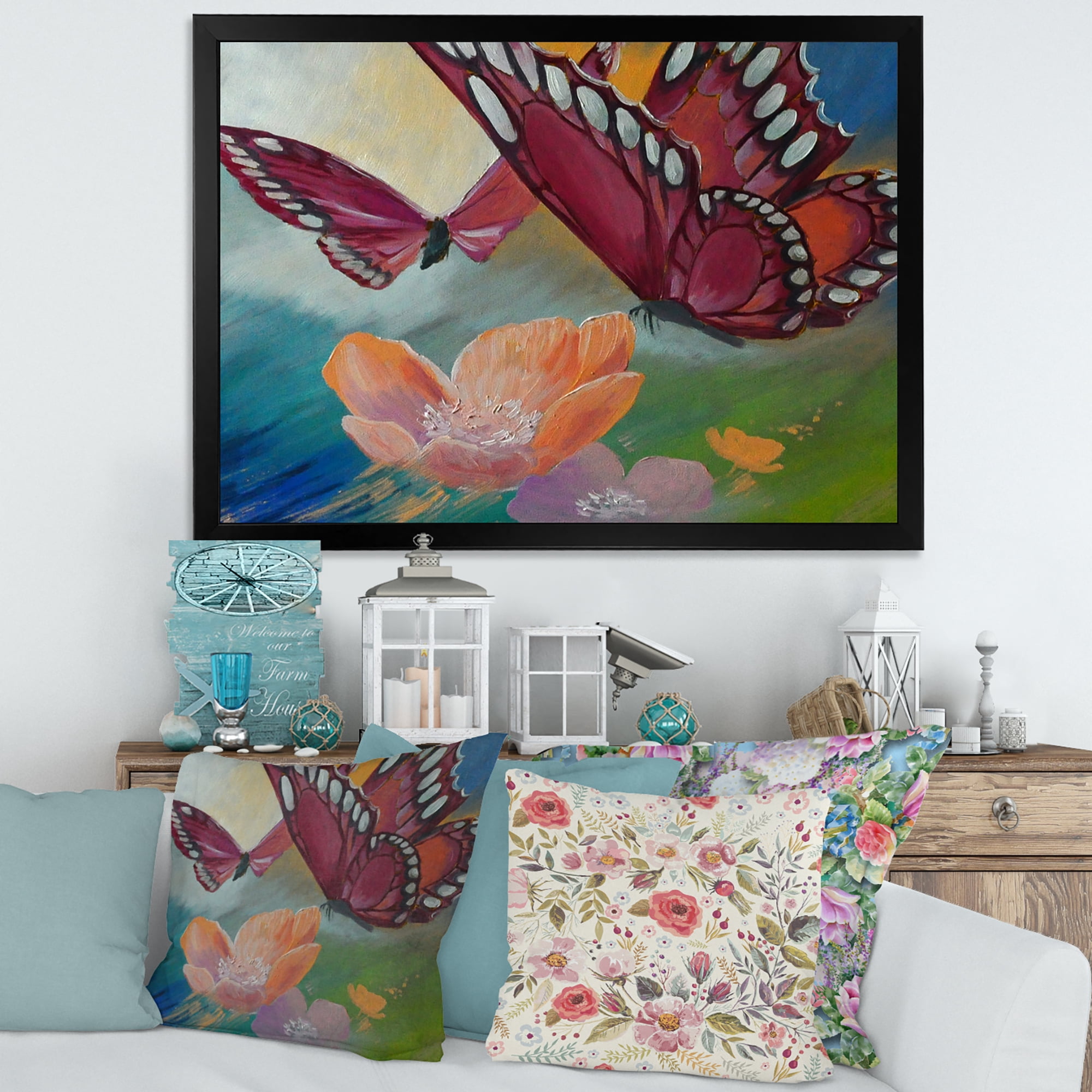 Designart 'Butterflies On Pink Flowers' Traditional Framed Art Print