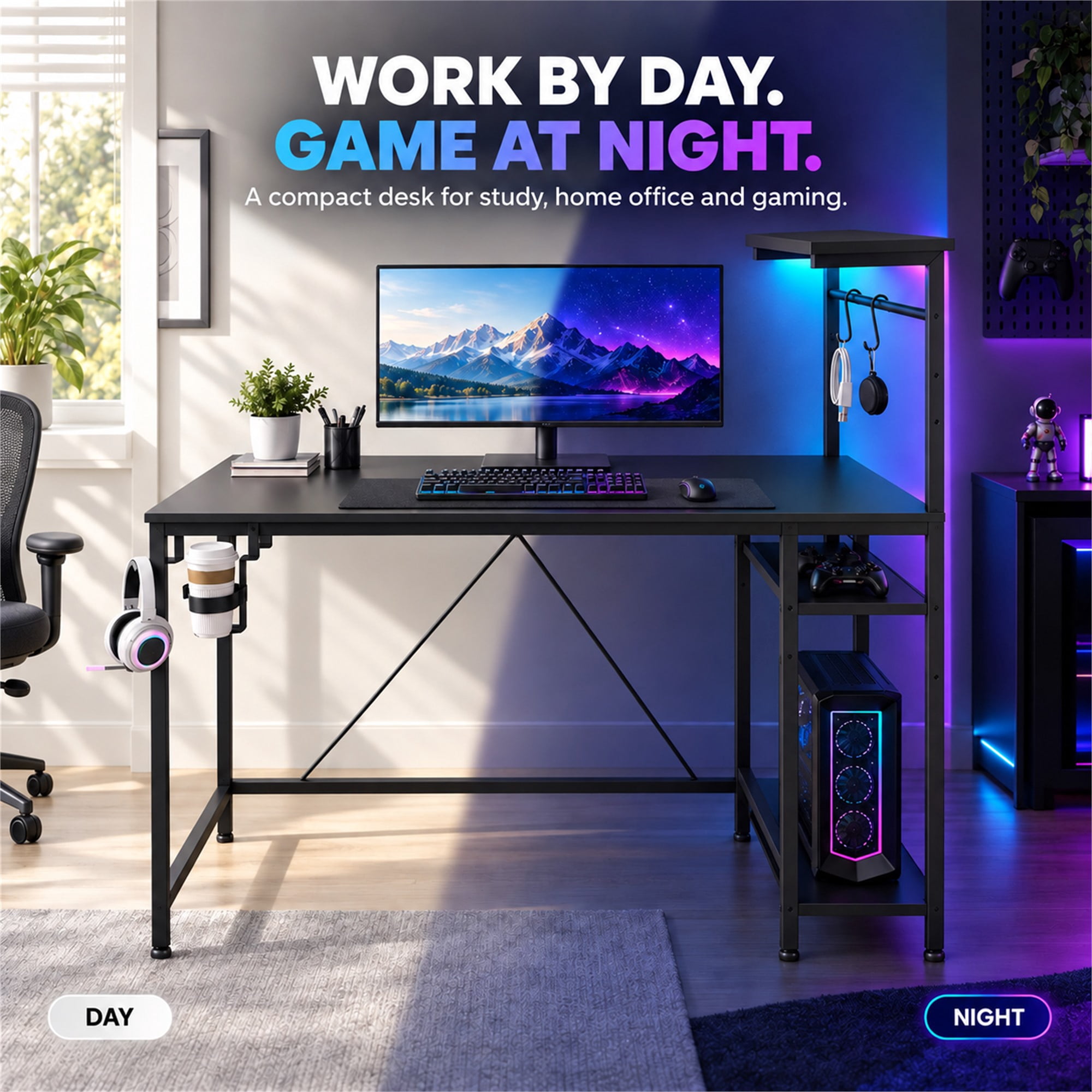 CloudRest Pro 44 Inch Gaming Desk with RGB LED Lights, Reversible Computer Desk with 4-Tier Storage Shelves, Cup Holder and Headphone Hook, Black