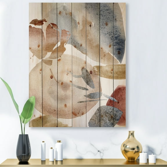 Designart 'Abstract With Red Pink Gold and Beige Spots Pastel' Modern Print on Natural Pine Wood