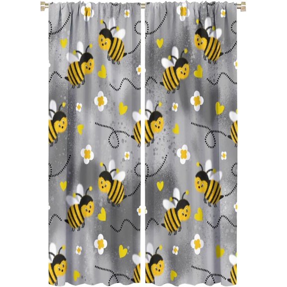 Bee Curtains Cute Bees White Flowers Grey Blackground Blackout Print Rod Pocket Window Drapes for Bedroom Living Room 42x63in