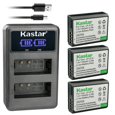 Image of Kastar 3-Pack LP-E10 Battery and LED2 USB Charger Compatible with Canon LP-E10 LPE10 Battery Canon LC-E10 LC-E10N Charger Canon EOS Kiss X50 EOS Kiss X70 EOS Kiss X80 EOS Kiss X90 DSLR Cameras