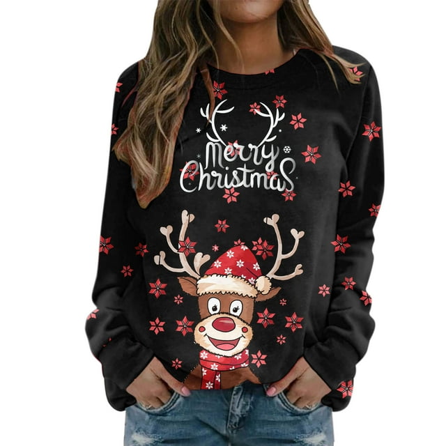 Sweat-shirt de Noël Femmes Imprimé Mode Pullover Vacances Noël Outwear Fermeture à Manches Longues Cardigan Col Rond Pull Chaud Veste de Longueur Moyenne