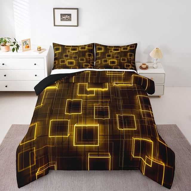 YST Geometry Yellow Black Kids Quilt,Geometric Grid Lines Bedding Set Full Size For Boys Girls Room Decor,Square Comforter Set Gradient Cubes Modern Bedding Comforter Sets