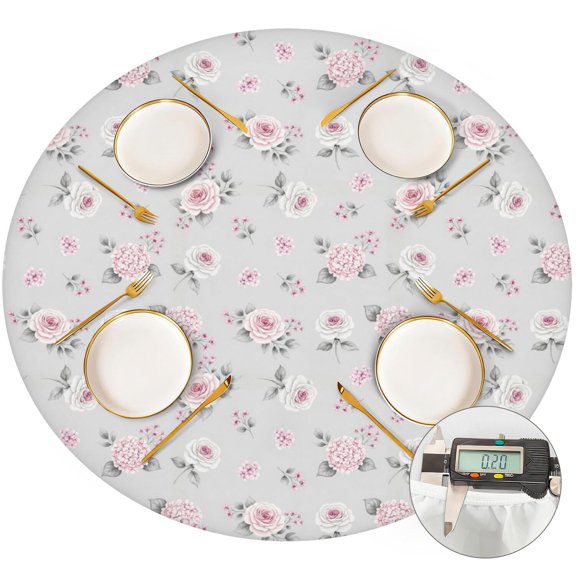 Pioneer Flower Floral Print Pattern Round Fitted Tablecloth with Elastic Edge, Waterproof Dining Table Cover for Indoor Outdoor Camping and Daily Use