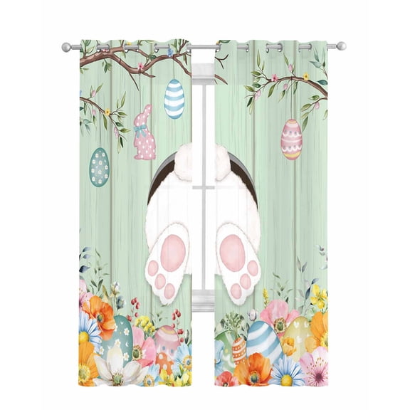 Easter Sheer Curtains 63 Inch Length 2 Panels Set for Living Room/Bedroom, Spring Watercolor Bunny Eggs Wooden Grain Green Kitchen Curtains Grommet Semi-Sheer Curtains Window Treatments 42"x63"x2