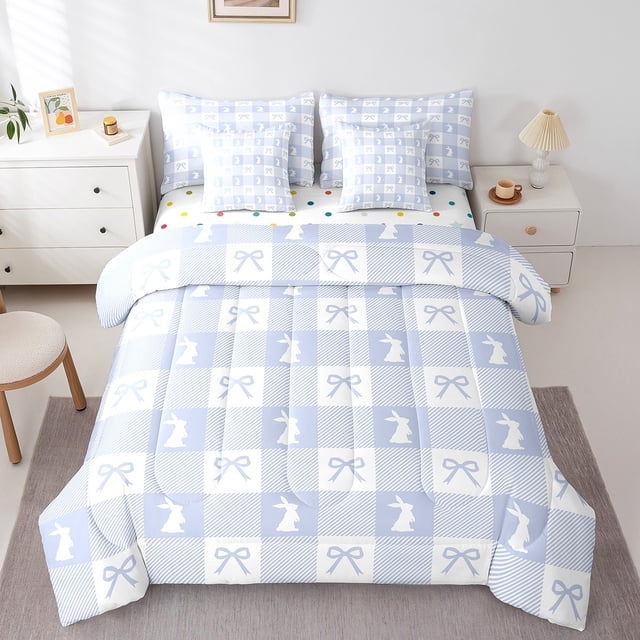 Cute Rabbit 7 Pieces Bedding Set Queen,Spring Easter Animal Princess Bowknot Bed in a Bag for Teens,Blue Geometric Plaids Kawaii Bow Patchwork Comforter Set with Sheets,Pillow Covers