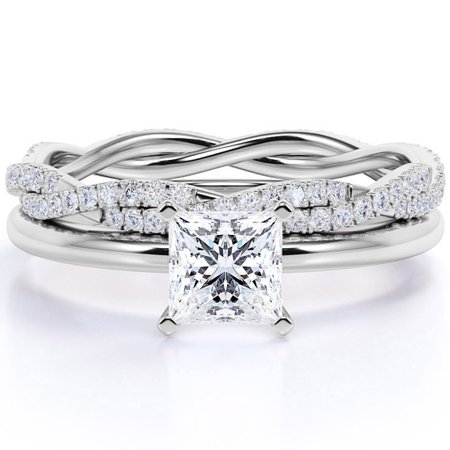 JeenMata Artdeco 1.5 Carat Princess cut Moissanite and Diamond Wedding Bridal Ring Set in 10k White Gold
