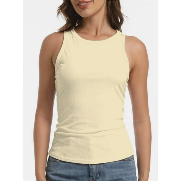 Women's Ribbed Sleeveless Crew Neck Summer Top Casual Basic Strap Tank Top