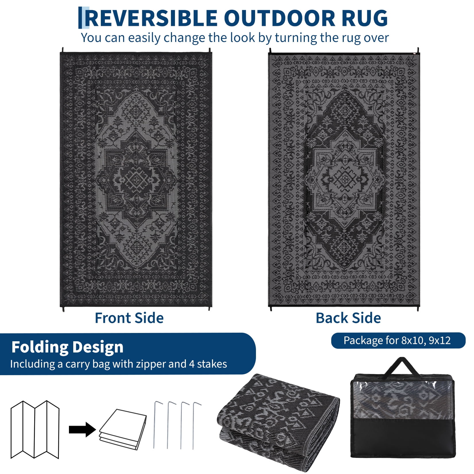 HIWEAVER 9' x 12' Black/Gray Outdoor Rug PP Plastic Straw Woven Waterproof Patio Rug with Border Portable Outside Carpet for Balcony Deck Picnic Garden Decor