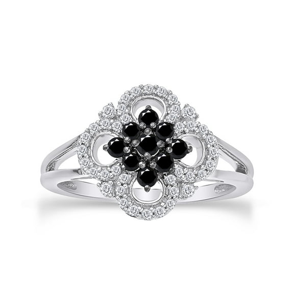 1/2 Carat Round Cut Natural Enhanced Black & White Diamond Clover Shaped Engagement Ring In 14K White Gold Over Sterling Silver (0.5 Cttw, I2-I3 Clarity), Ring Size-11