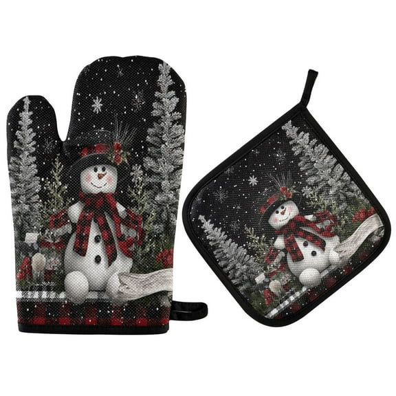 2 PCS Oven Baking Gloves Set Heat Resistant Oven Mitt & Pot Holder Set Cooking Mitts Kitchen Home Supplies Christmas Snowman