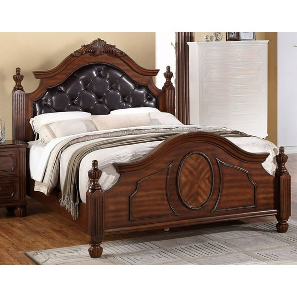 Transitional Wooden Queen Bed With PUHB & Circular Floral Design