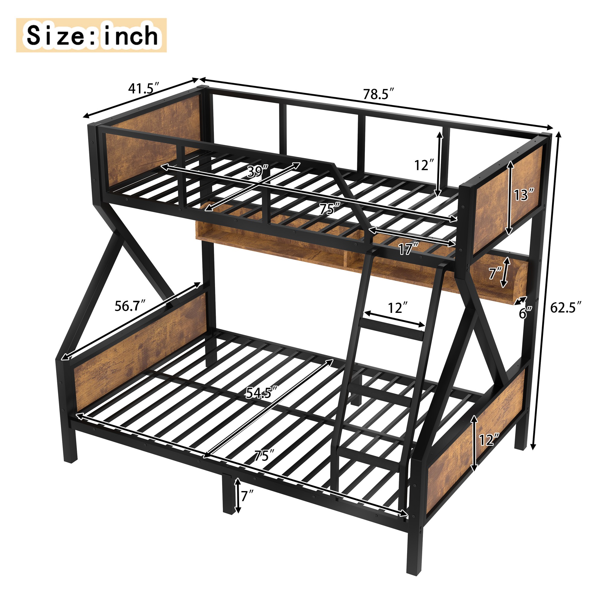 Aukfa Twin Over Full Metal Bunk Bed with Storage Shelves & LED Lights, Heavy-Duty X-shape Frame for Kids & Adults, Space-Saving, Black