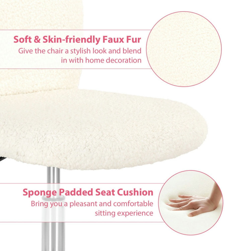 Demi Bonn Armless Faux Fur Leisure Office Chair with Adjustable Swivel, Rolling Work Computer Desk Chair for Home, Bedroom, Study, White