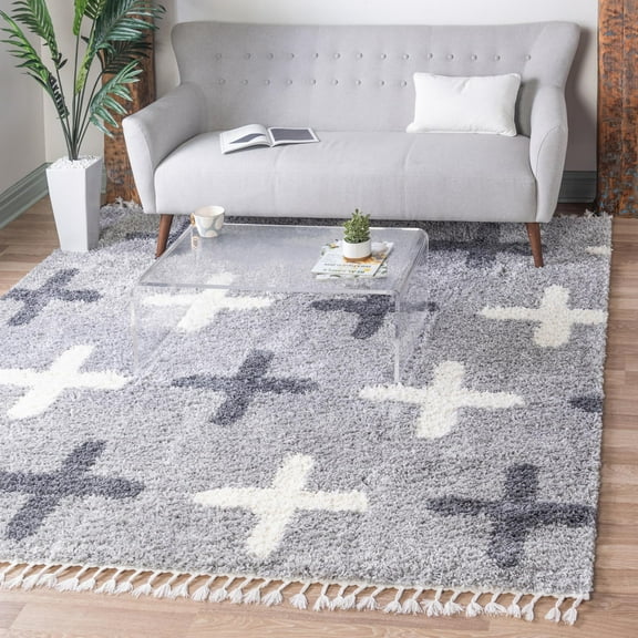Unique Loom Hygge Shag Collection Area Rug - Positive (8' Square Light Gray/Gray)