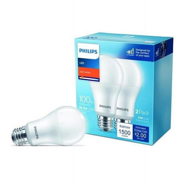A19 E26 Medium LED Bulb, Soft White - 100W Equivalence - Pack of 2