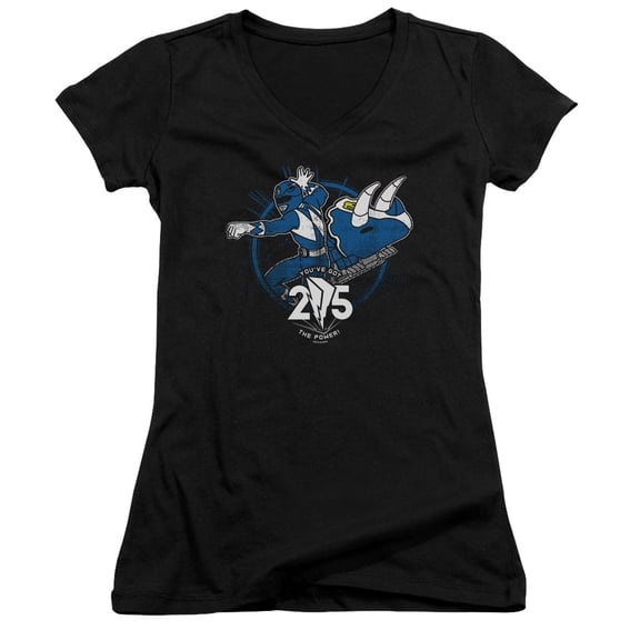 Power Rangers Blue 25 Junior Women's V-Neck T-Shirt Black