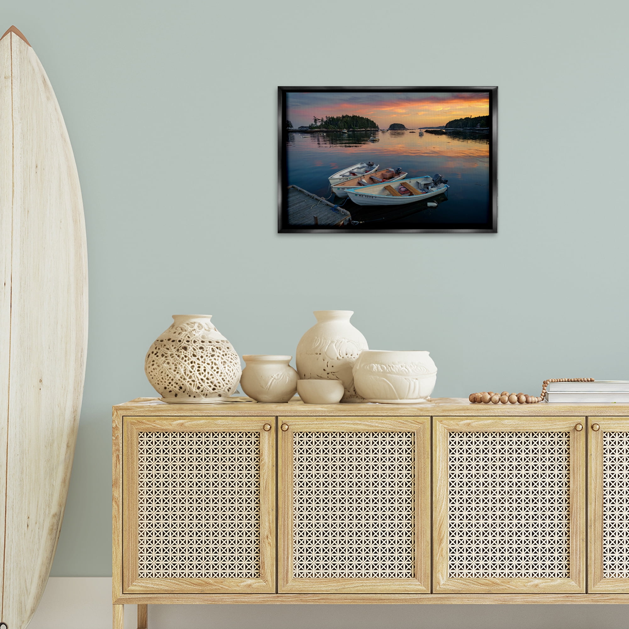 Stupell Industries Three Boats at Sunset Nautical & Beach Photography Black Floater Framed Canvas Art Print Wall Art, 25 x 17