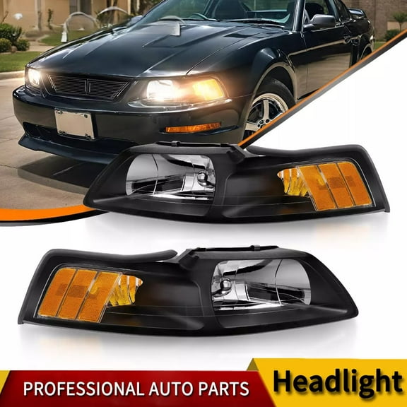 Black Amber Corner Headlights Clear Lens for 1999-2004 Ford Mustang Headlamps