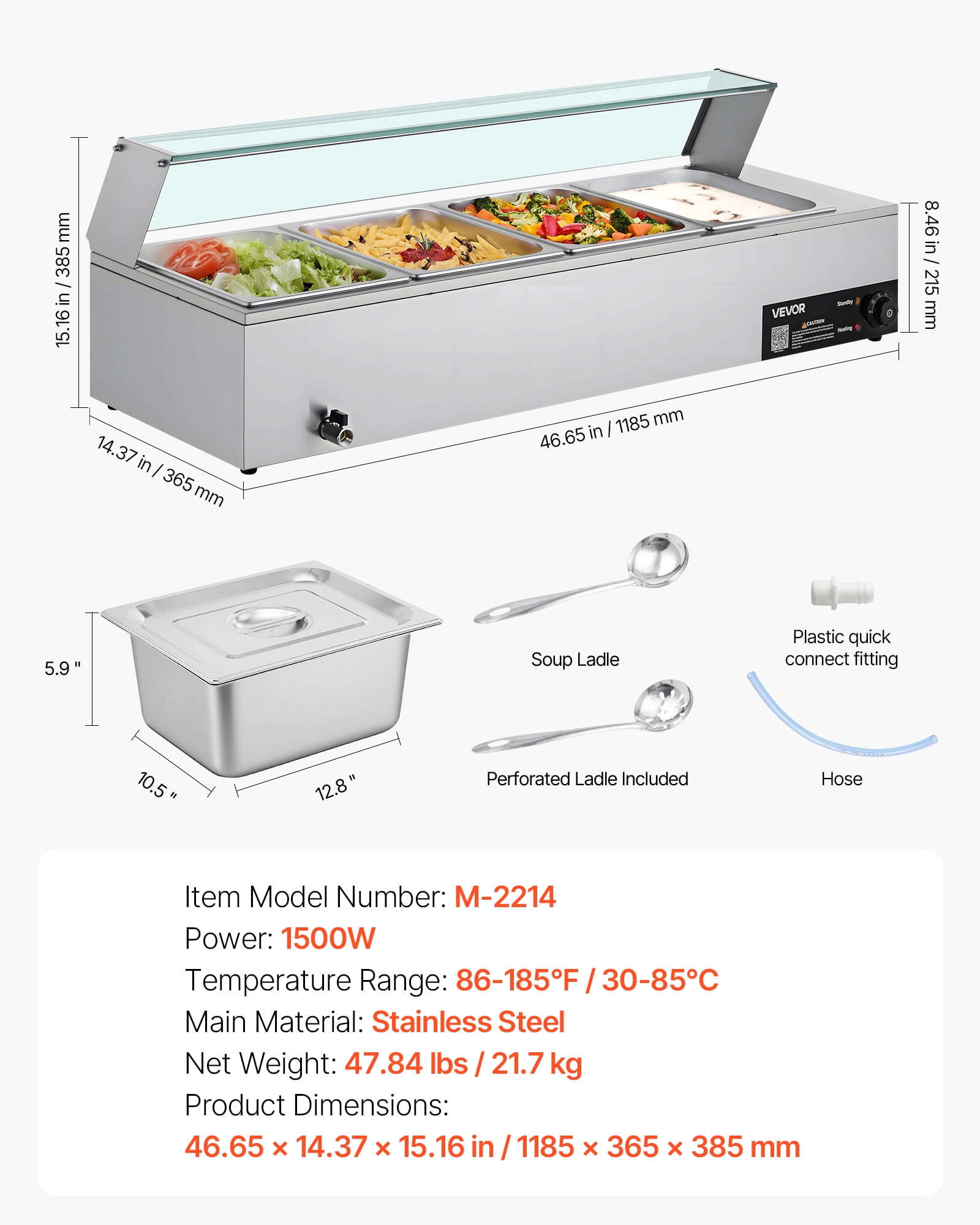 VEVOR Commercial Food Warmer, 1500W Electric Stainless Steel Steam Food Warmer with Glass Cover, 4-Pan Countertop Buffet Bain Marie with Soup & Perforated Ladles, for Catering, Restaurant & Party