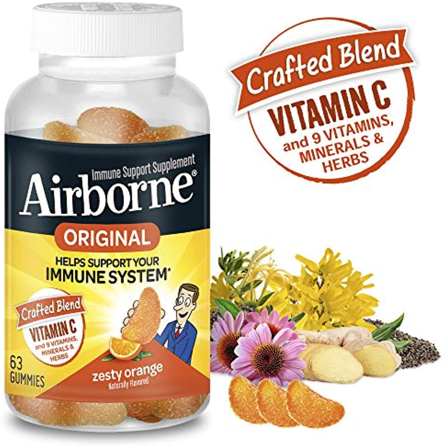 Vitamin C 750mg (per serving) - Airborne Zesty Orange Gummies (63 count in a bottle), Gluten-Free Immune Support Supplement With Vitamins C E, Selenium (Pack of 4)