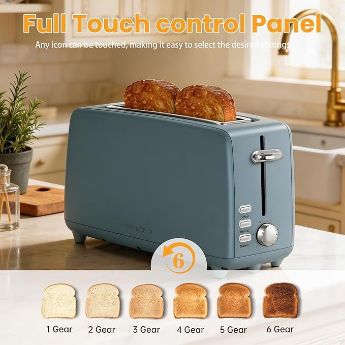 2 Toasters, Stainless Steel Slim Toasters, with Defrosting And Reheating Functions, 5 Bread Types And 6 Tone Settings, 2 Wide Slots Of 1.5-inch Toasters