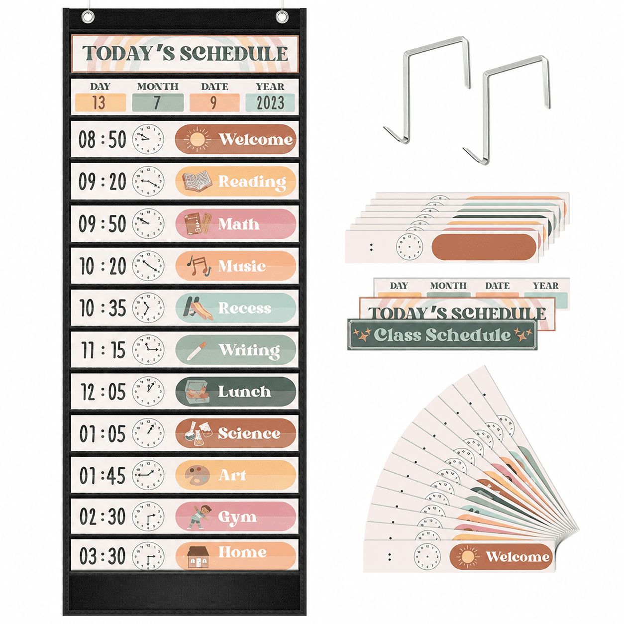 Daily Schedule Pocket Chart for Classroom and Home Hanging School Day Activity Planner for Pre-K to Grade 6 Black