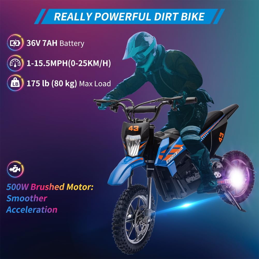 36V Electric Dirt Bike for Kids, Ride on Motorcycle 350W Brushless Motor Fast Speed 15.5MPH with LED Headlight, Leather Seat,Front+Back Brake for Teens Max Load 175lbs