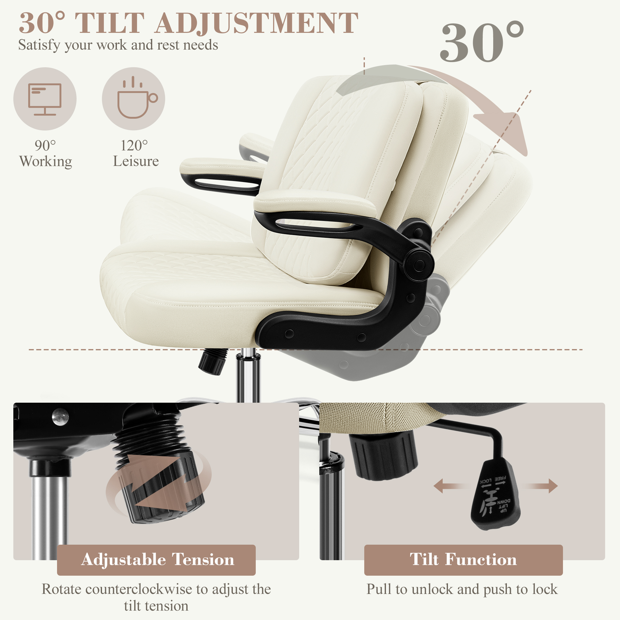 Primy Criss Cross Office Chair with 2-in-1 Flip Backrest, Ergonomic PU Leather Floor Sitting Chair, 360° Swivel Flip-Up Arms, Extra-Wide Seat