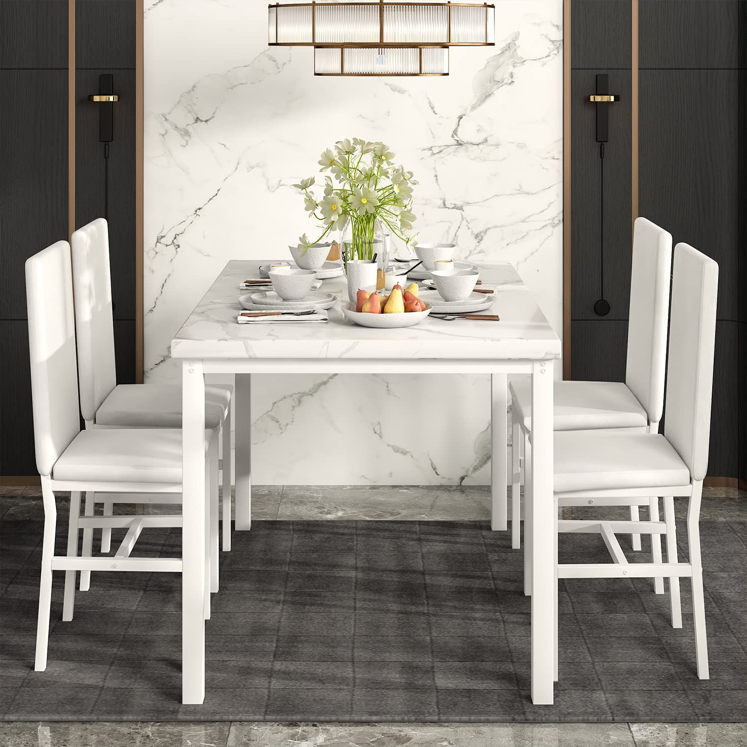 LinkRomat Dining Table Set for 4, Faux Marble Kitchen Table Set with 4 Leather Upholstered Chairs, 5 Piece Modern Dinette for Dining Room