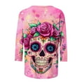 thumbnail image 4 of Tops for Women Plus Size Day Of The Dead Printed 3/4 Sleeve Round Neck Three Quarter Sleeve T-shirt Loose Round Neck Top Multicolor4 XXXXXL, 4 of 5