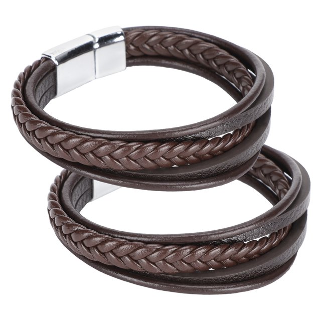 Paquete de 2 pulseras de cuero marrón con hebillas de aleación y tejido estilo vintage, accesorio de moda