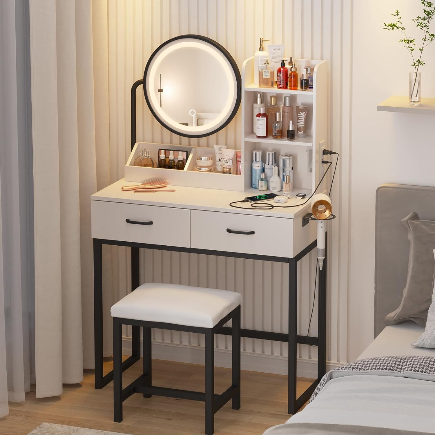 VEANERWOOD Makeup Vanity with Round Mirror and Lights, White Vanity Makeup Table with Charging Station, Small Vanity Table for Bedroom, 3 Lighting Modes, 31.5in(L)