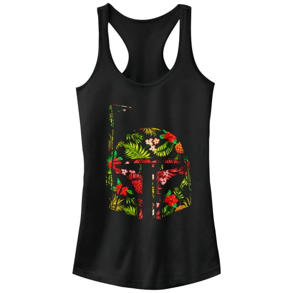 Junior's Star Wars Boba Fett Tropical Print Helmet  Racerback Tank Top Black Large
