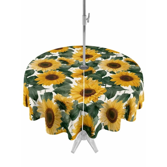 Outdoor Tablecloths with Umbrella Hole & Zipper, Sunflower Round Tablecloth 54 Inch, Vintage Spring Floral Botanical Yellow Green Waterproof Table Cloth, Patio/Pool/Picnic Table Covers