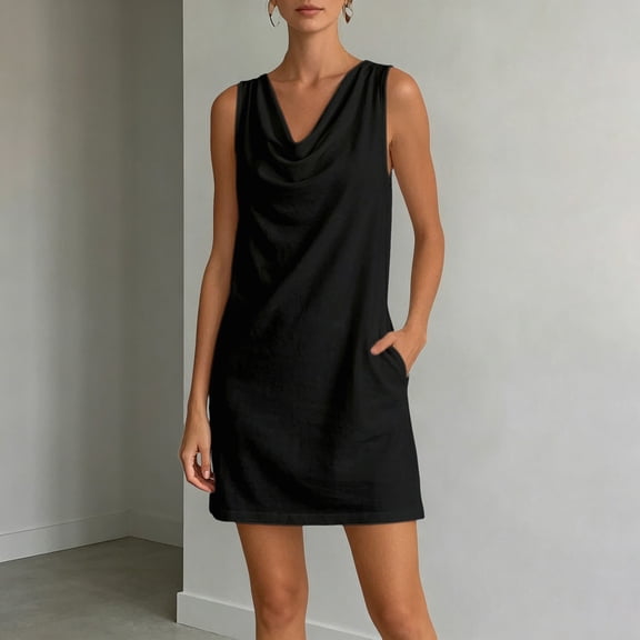 YMNXA Summer Dresses For Women Sleeveless V Neck Solid Color Comfortable Fashion Flowy Dress With Pockets For Casual Daily Wear,Black,L