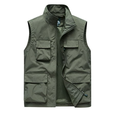JGGSPWM Men s Lightweight Quick Dry Outdoor Fishing Vest Multi Pockets Full-Zip Sleeveless Jacket with Stand Collar for Travel and Green XXXXL