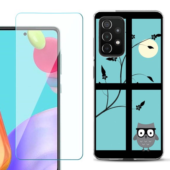 Slim-Fit Flexible Gel TPU Phone Case compatible with Samsung Galaxy A52 5G, with Tempered Glass Screen Protector, by OneToughShield ® - Moon Owl