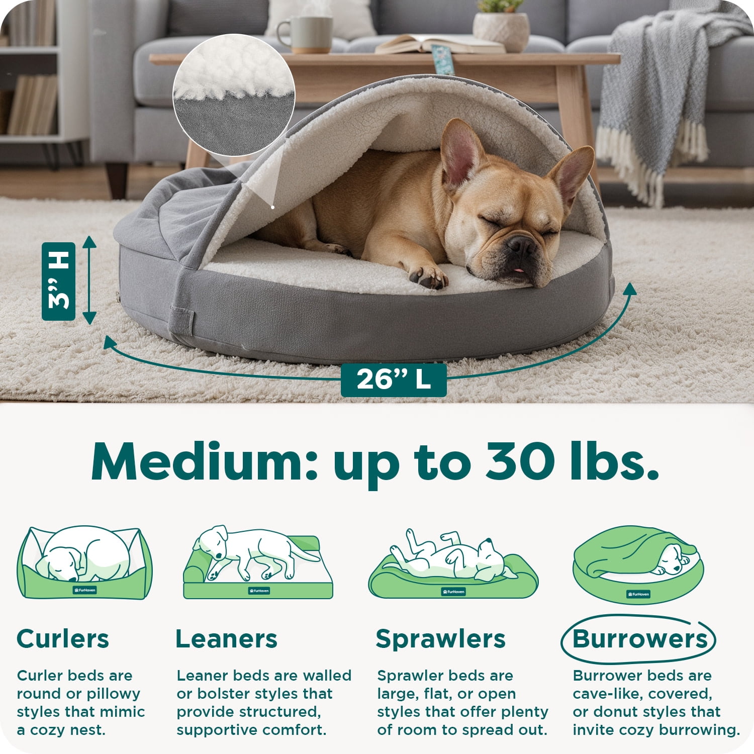 FurHaven Pet Products Faux Sheepskin Orthopedic Snuggery Burrow Pet Bed for Dogs & Cats - Gray, 26" Base