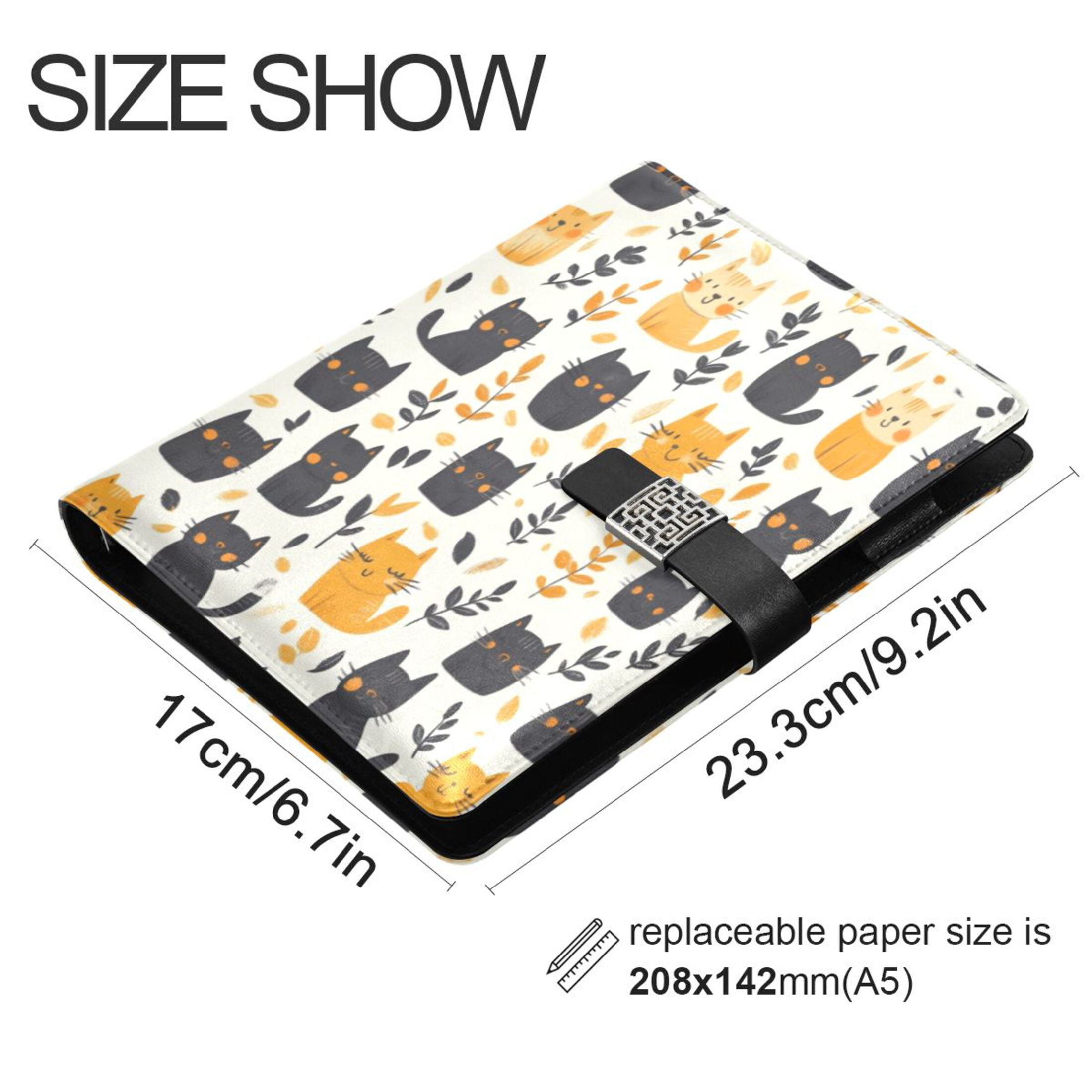 Leather Planner Leather Notebook Notebook Journal Binder Design Pen Pocket Design Convenient for Storage Cartoon Black and Gold Cat