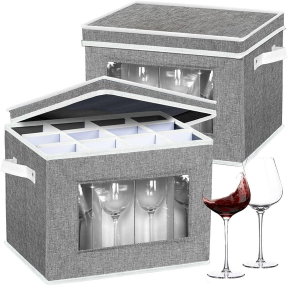 Lot de 2 Étuis de Rangement pour Verres à Pied, Boîte de Rangement pour Verres à Vin avec Séparateurs, Contenants de Rangement en Cristal de Chine pour 24 Verreries, Déménagement et Pro