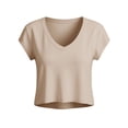 thumbnail image 6 of Women's V-Neck Crop Top, Short Sleeve Casual Solid Color T-Shirt Y2K Tops Travel Outfit Khaki XXL, 6 of 6